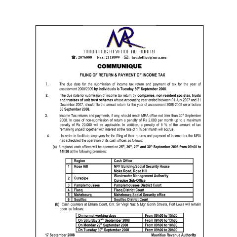 Document preview: Filing of Return &amp; Payment of Income Tax (17.09.2008) — Form, Mauritius (CERFA n°CommuniqueCentres_180908)