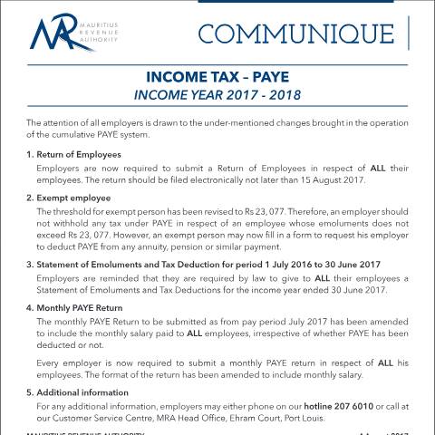 Document preview: Income Tax - PAYE (04.07.17) — Notice / Circular, Mauritius (CERFA n°CommuniquePAYETax)