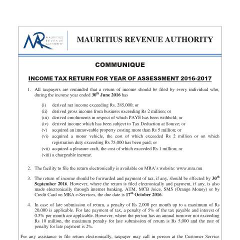Document preview: Income Tax Return for Year of Assessment 2016-2017 (16.09.16) — Form, Mauritius (CERFA n°IncomeTaxReturn2016)