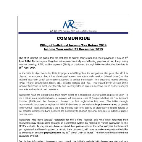 Document preview: Deadline for Filing of Income Tax Return 2014 (11.03.14) — Form, Mauritius (CERFA n°FITA2014)