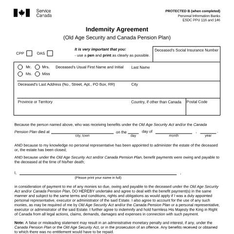 Document preview: Indemnity Agreement (Old Age Security and Canada Pension Plan) — Income Security Programs, Canada (CERFA n°ISP0425OAS)