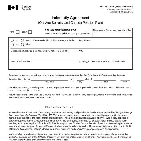 Document preview: Indemnity Agreement (Old Age Security and Canada Pension Plan) — Income Security Programs, Canada (CERFA n°ISP0425CPP)