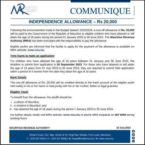 Document preview: Independence Allowance - Rs 20,000&nbsp;(10.07.23) — Notice / Circular, Mauritius (CERFA n°CommuniqueIndependenceAllowance)