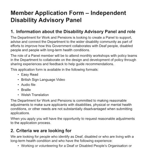 Document preview: Expression of interest to join the Independent Disability Advisory Panel — Department for Work and Pensions, United Kingdom