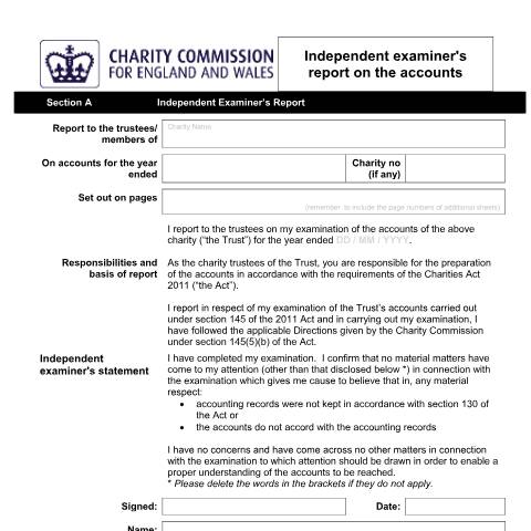 Document preview: Independent examiner's report template for Receipts and Payments accounts — The Charity Commission, United Kingdom