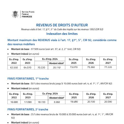 Aperçu du document Revenus de droits d'auteur : indexation des limites (PDF, 171.9 Ko) — Déclarations, Belgique (CERFA n°indexation-seuils-reference-2026)