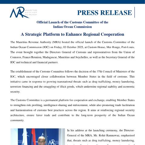 Document preview: Official Launch of the Customs Committee of the Indian Ocean Commission (03.10.25) — Document, Mauritius (CERFA n°PressRelease031025)