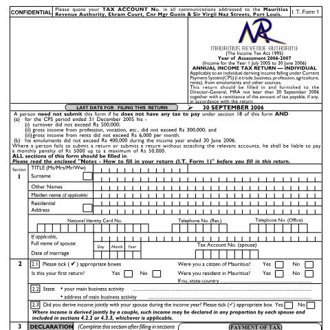 Document preview: Individual Return 01 (mixed income) — Form, Mauritius (CERFA n°ind0106)