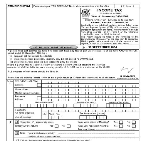 Document preview: Individual Return 1B (for Self-employed only) — Form, Mauritius (CERFA n°ind1b04)