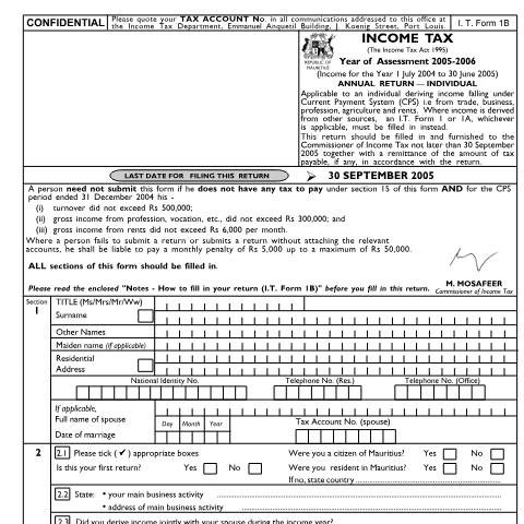 Document preview: Individual Return 1B (for Self-employed only) — Form, Mauritius (CERFA n°ind1b05)
