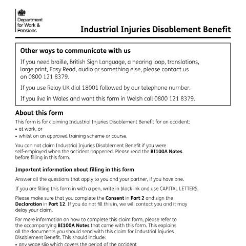 Document preview: Industrial Injuries Disablement Benefit claim forms — Department for Work and Pensions, United Kingdom