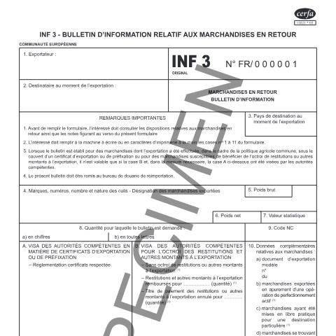Aperçu du document INF 3 - Bulletin d'information relatif aux marchandises en retour — Professionnels, France (CERFA n°11021*03)