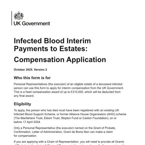 Document preview: Infected blood interim estates payments: compensation
application form — Infected Blood Compensation Authority, Cabinet Office, United Kingdom