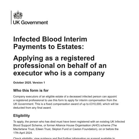 Document preview: Infected blood interim estates payments: compensation application form where a company is the personal representative — Cabinet Office, Infected Blood Compensation Authority, United Kingdom