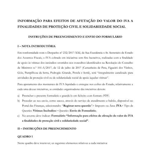 Pré-visualização do documento Informação para efeitos de afetação do valor do IVA a finalidades de proteção civil e solidariedade social - Instruções de preenchimento — IVA, Portugal