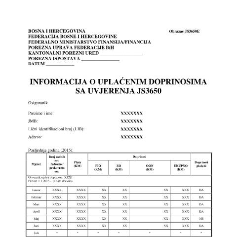 Document preview: INFORMACIJA O UPLAĆENIM DOPRINOSIMA SA UVJERENJA JS3650 — Obrazac | Fizičko lice | Jedinstveni sistem, Bosna i Hercegovina (CERFA n°JS3650E)