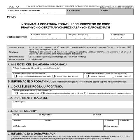 Document preview: Informacja podatnika podatku dochodowego od osób prawnych o otrzymanych/przekazanych darowiznach — CIT, Polska (CERFA n°CIT-D)