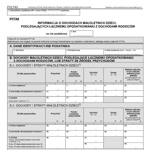Document preview: Informacja o dochodach małoletnich dzieci, podlegających łącznemu opodatkowaniu z dochodami rodziców w roku podatkowym — PIT, Polska (CERFA n°PIT/M)