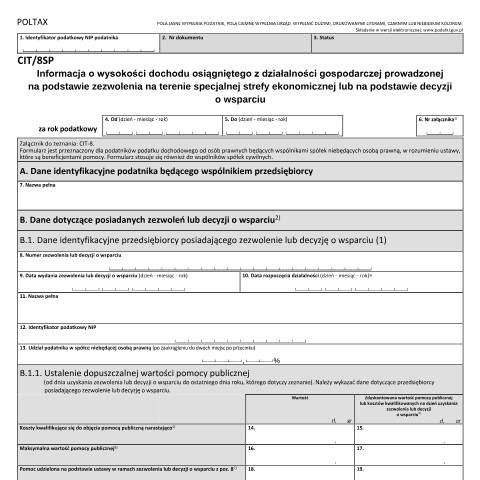 Document preview: Informacja o wysokości dochodu osiągniętego z działalności gospodarczej prowadzonej na podstawie zezwolenia na terenie specjalnej strefy ekonomicznej lub na podstawie decyzji o wsparciu — CIT, Polska (CERFA n°CIT/8SP)