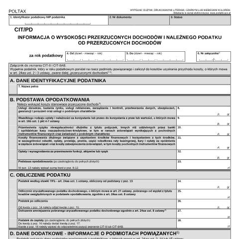 Document preview: Informacja o wysokości przerzuconych dochodów i należnego podatku od przerzuconych dochodów — CIT, Polska (CERFA n°CIT/PD)