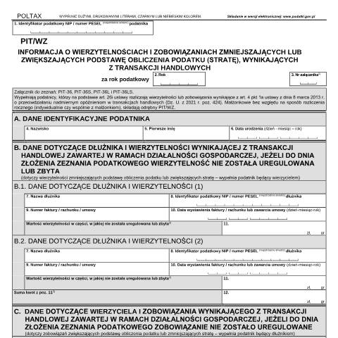 Document preview: Informacja o wierzytelnościach i zobowiązaniach zmniejszających lub zwiększających podstawę opodatkowania (stratę), wynikających z transakcji handlowych — PIT, Polska (CERFA n°PIT/WZ)