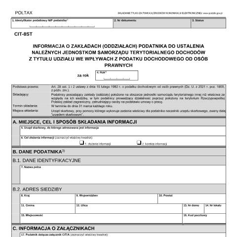 Document preview: Informacja o zakładach (oddziałach) podatnika do ustalenia należnych jednostkom samorządu terytorialnego dochodów z tytułu udziału we wpływach z podatku dochodowego od osób prawnych — CIT, Polska (CERFA n°CIT-8ST)