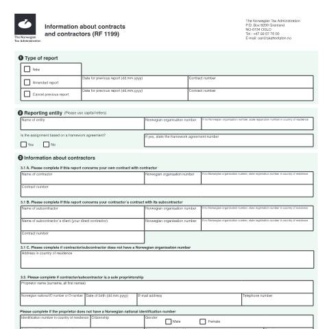 Document preview: Information about contracts, contractors and employees — Skatteetaten / RF-1199 is used to give information about assignments given to foreign contracto, Norge (CERFA n°RF-1198 og 1199)
