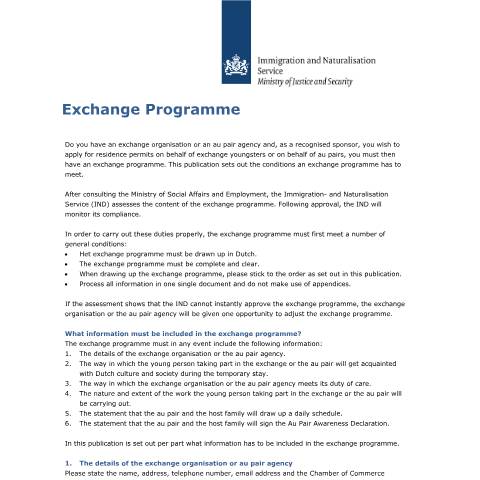 Documentvoorvertoning: Exchange Programme — IND — immigratie, Nederland (CERFA n°3015)