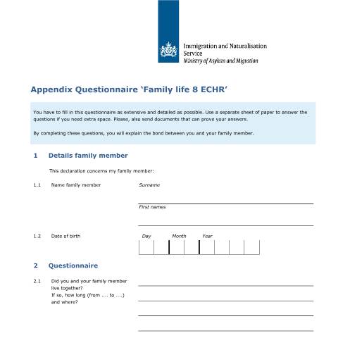 Documentvoorvertoning: Appendix Questionnaire ‘Family life 8 ECHR’ — IND — immigratie, Nederland (CERFA n°7671)