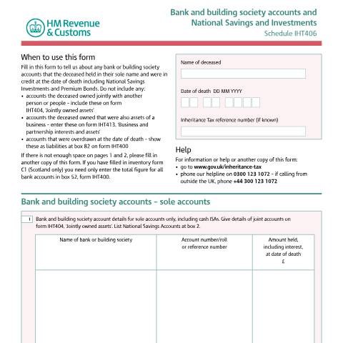 Document preview: Inheritance Tax: bank and building society accounts (IHT406) — HM Revenue & Customs, United Kingdom