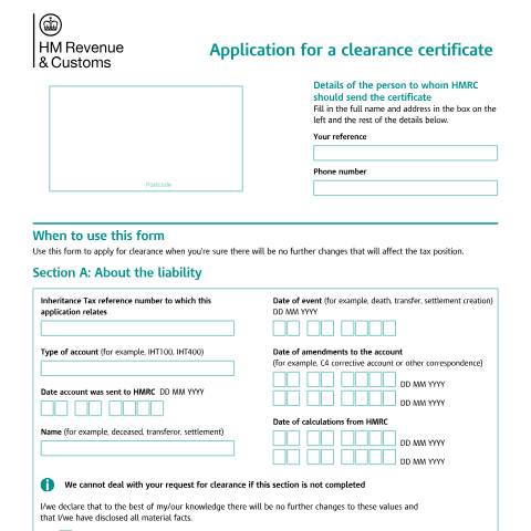 Document preview: Inheritance Tax: application for a clearance certificate (IHT30) — HM Revenue & Customs, United Kingdom