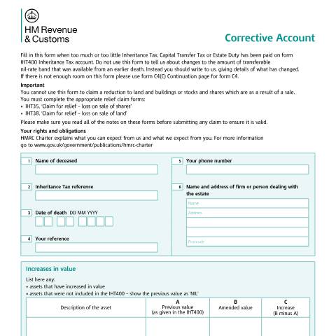 Document preview: Inheritance Tax: corrective account — HM Revenue & Customs, United Kingdom