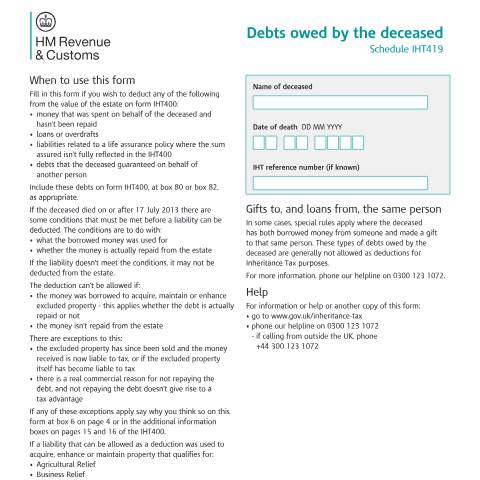 Document preview: Inheritance Tax: debts owed by the deceased (IHT419) — HM Revenue & Customs, United Kingdom