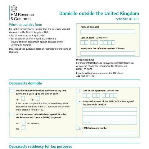 Document preview: Inheritance Tax: domicile outside the United Kingdom (IHT401) — HM Revenue & Customs, United Kingdom