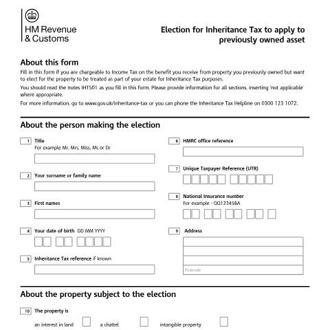 Document preview: Inheritance Tax: election for Inheritance Tax to apply to asset previously owned (IHT500) — HM Revenue & Customs, United Kingdom