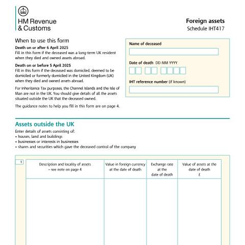 Document preview: Inheritance Tax: foreign assets (IHT417) — HM Revenue & Customs, United Kingdom