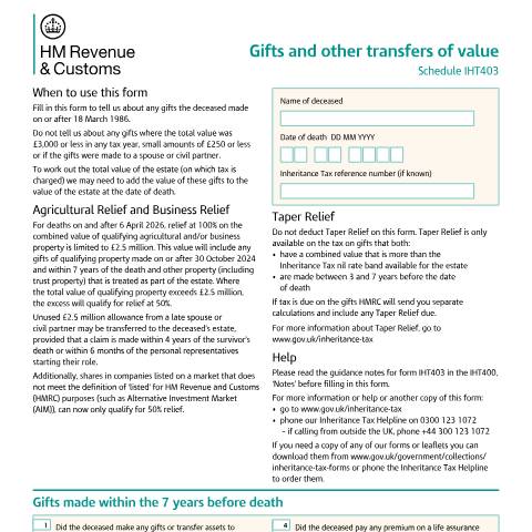 Document preview: Inheritance Tax: gifts and other transfers of value (IHT403) — HM Revenue & Customs, United Kingdom