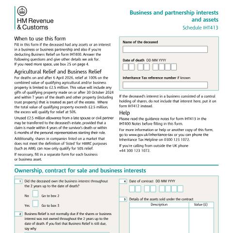 Document preview: Inheritance Tax: business and partnership interests and assets (IHT413) — HM Revenue & Customs, United Kingdom
