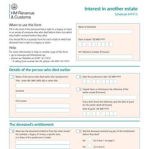 Document preview: Inheritance Tax: interest in another estate (IHT415) — HM Revenue & Customs, United Kingdom