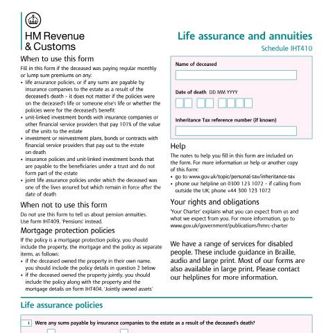 Document preview: Inheritance Tax: life assurance and annuities (IHT410) — HM Revenue & Customs, United Kingdom
