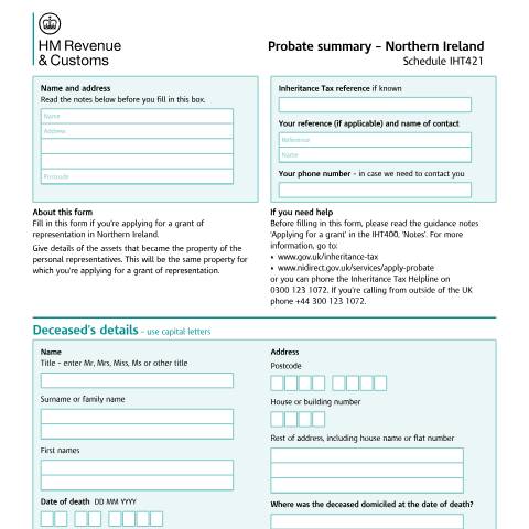 Document preview: Inheritance Tax probate summary for Northern Ireland (IHT421) — HM Revenue & Customs, United Kingdom