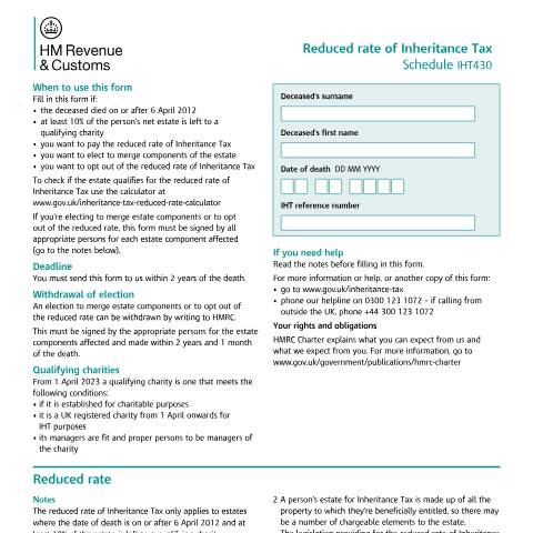 Document preview: Inheritance Tax: reduced rate of Inheritance Tax (IHT430) — HM Revenue & Customs, United Kingdom