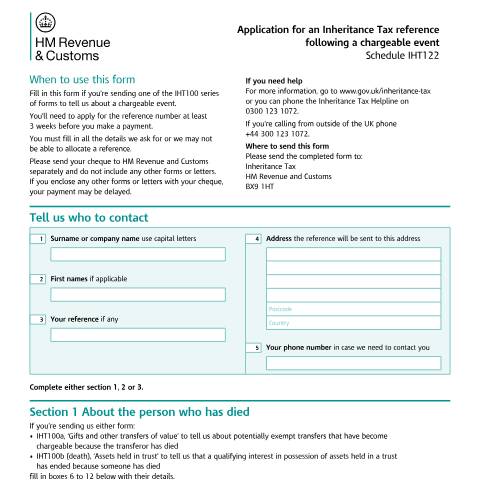 Document preview: Apply for an Inheritance Tax reference after a chargeable event (IHT122) — HM Revenue & Customs, United Kingdom