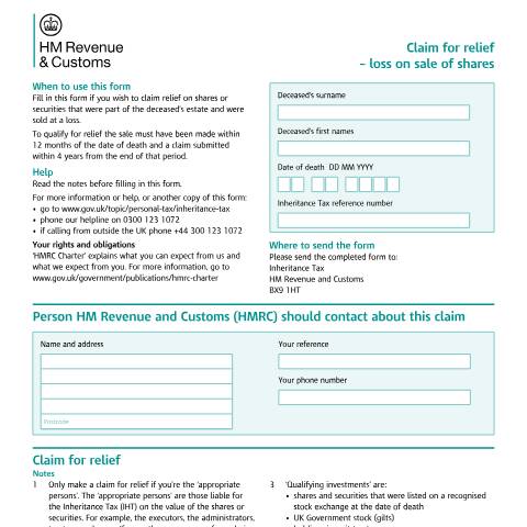 Document preview: Inheritance Tax: claim for relief — loss on sale of shares (IHT35) — HM Revenue & Customs, United Kingdom