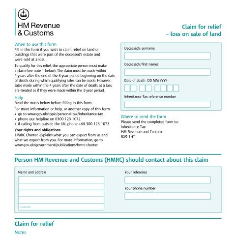 Document preview: Inheritance Tax: claim for relief — loss on sale of land (IHT38) — HM Revenue & Customs, United Kingdom