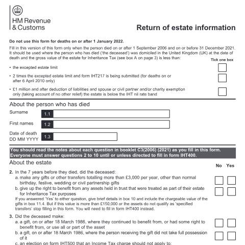 Document preview: Inheritance Tax: return of estate information (C5 (2006)) — HM Revenue & Customs, United Kingdom
