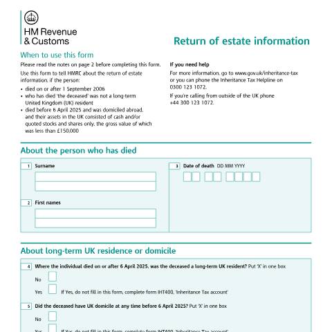 Document preview: Inheritance Tax: return of estate information (C5 (OUK) (2006)) — HM Revenue & Customs, United Kingdom
