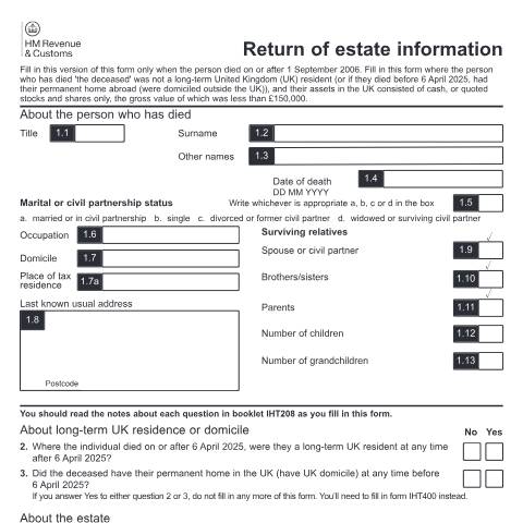 Document preview: Inheritance Tax: return of estate information (IHT207 (2006)) — HM Revenue & Customs, United Kingdom