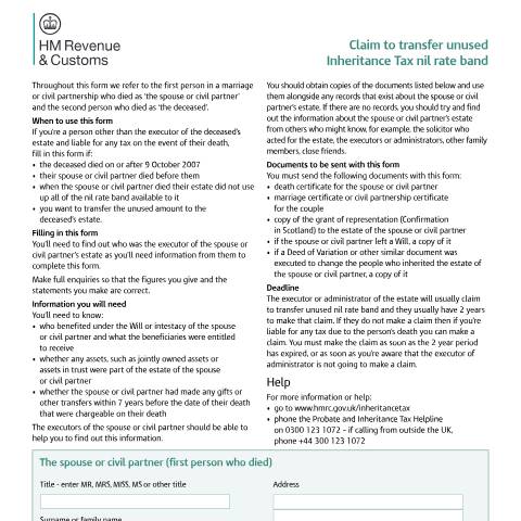Document preview: Inheritance Tax: claim to transfer unused Inheritance Tax nil rate band — HM Revenue & Customs, United Kingdom
