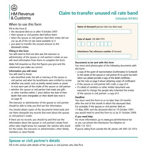 Document preview: Inheritance Tax: claim to transfer unused nil rate band (IHT402) — HM Revenue & Customs, United Kingdom